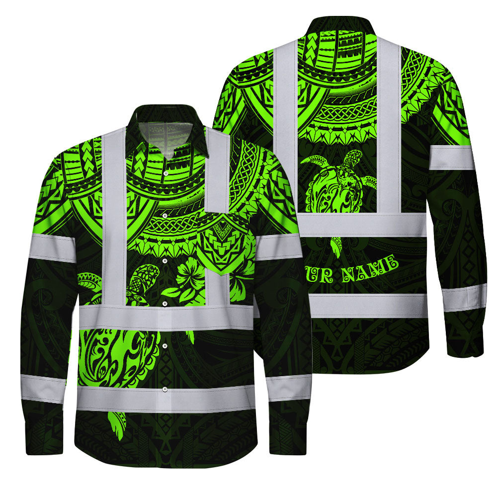 Hi Vis FR Button Long Sleeves Reflective Tapes Hawaiian Green Turtle Flower Hi-Vis Work Shirt