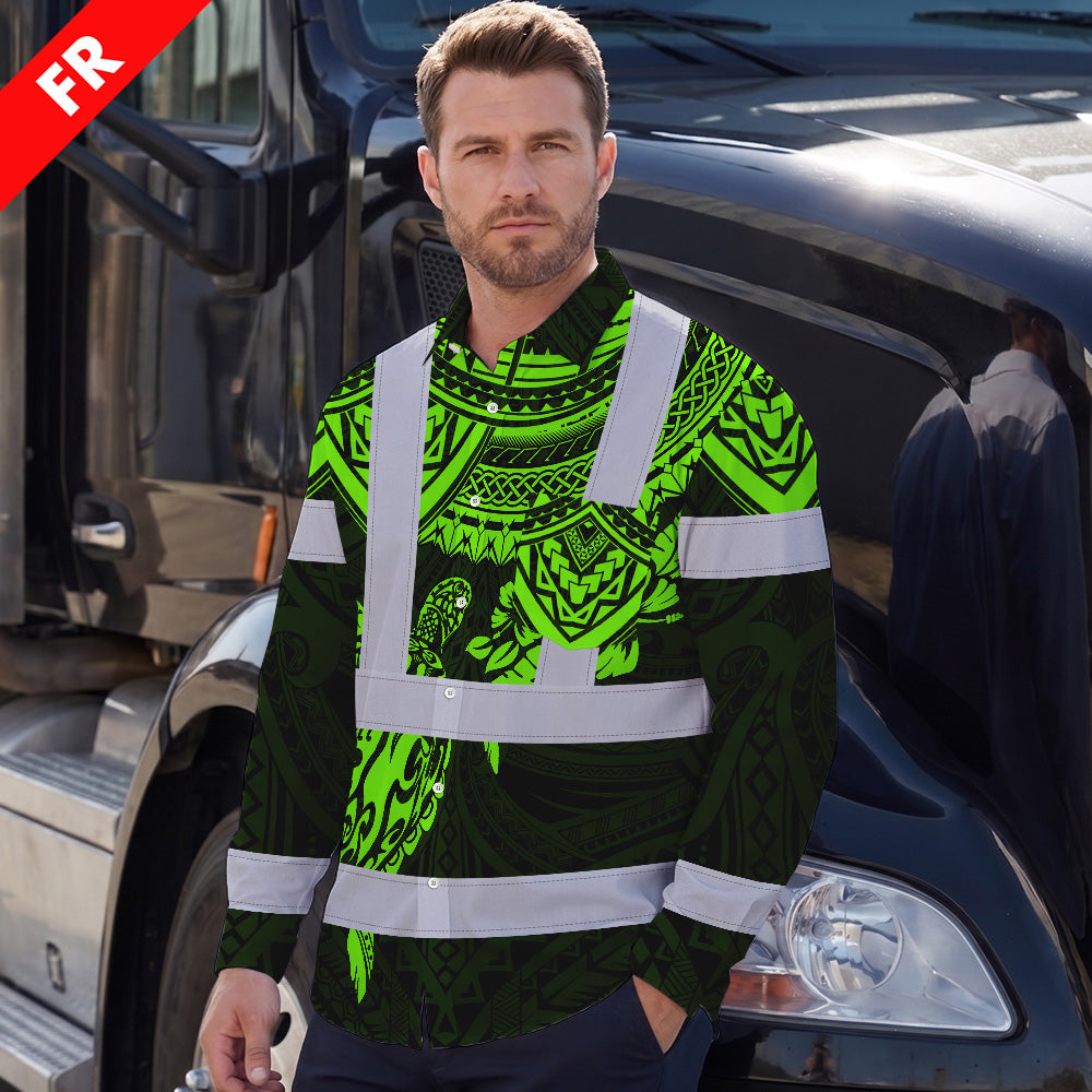 Hi Vis FR Button Long Sleeves Reflective Tapes Hawaiian Green Turtle Flower Hi-Vis Work Shirt