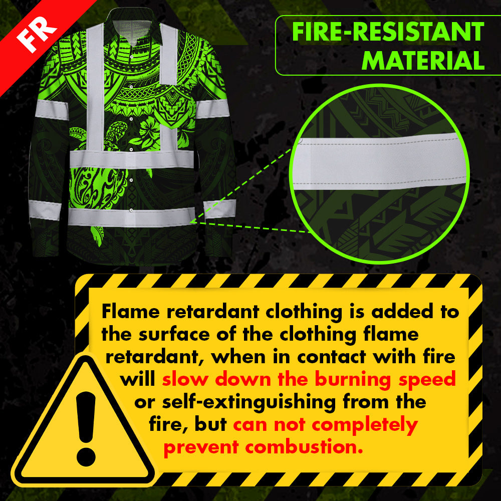 Hi Vis FR Button Long Sleeves Reflective Tapes Hawaiian Green Turtle Flower Hi-Vis Work Shirt