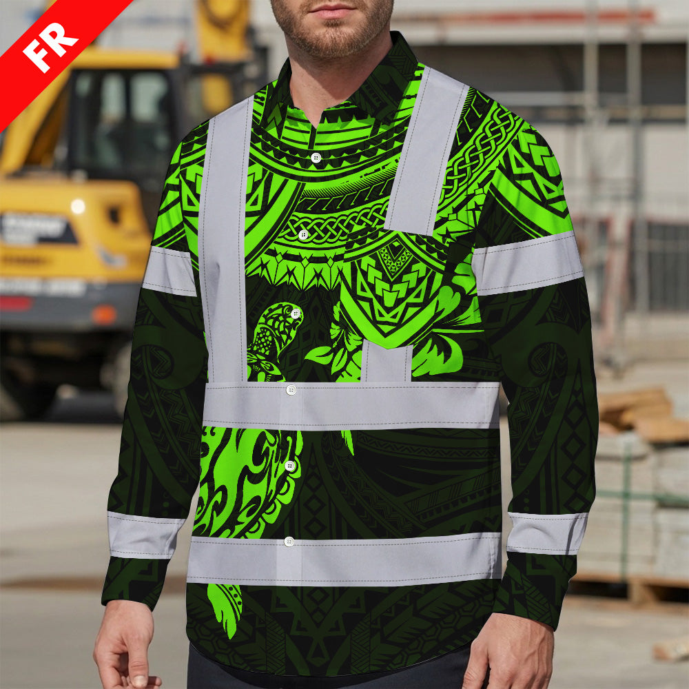 Hi Vis FR Button Long Sleeves Reflective Tapes Hawaiian Green Turtle Flower Hi-Vis Work Shirt