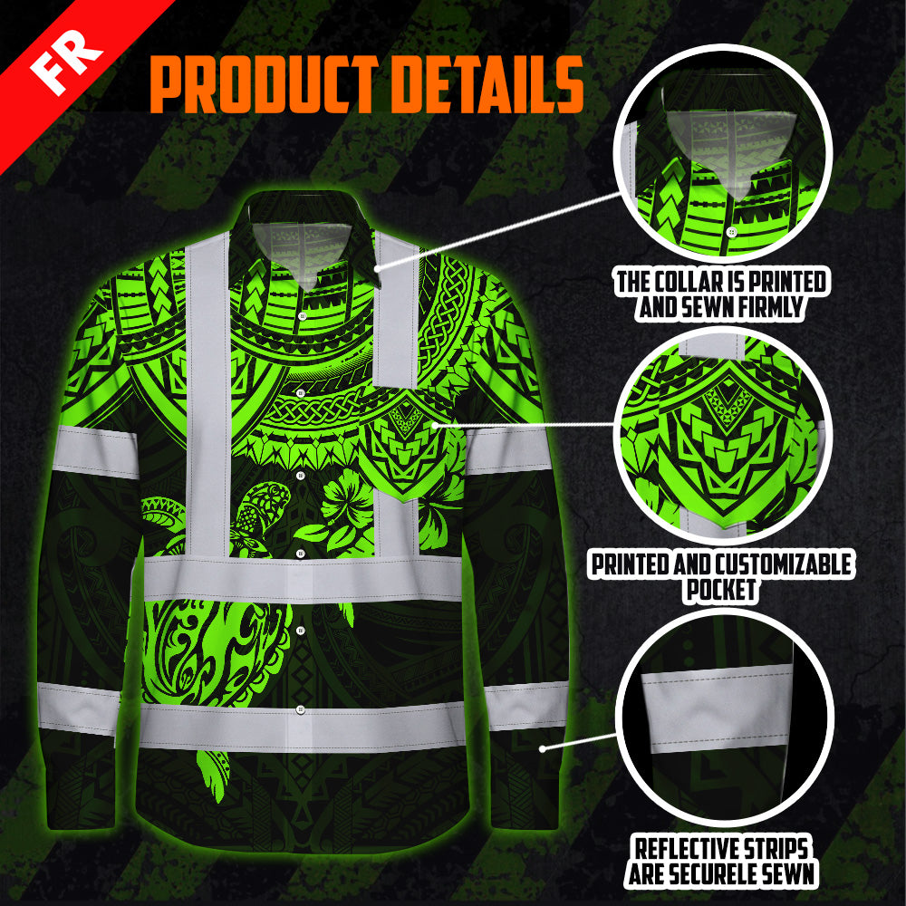 Hi Vis FR Button Long Sleeves Reflective Tapes Hawaiian Green Turtle Flower Hi-Vis Work Shirt