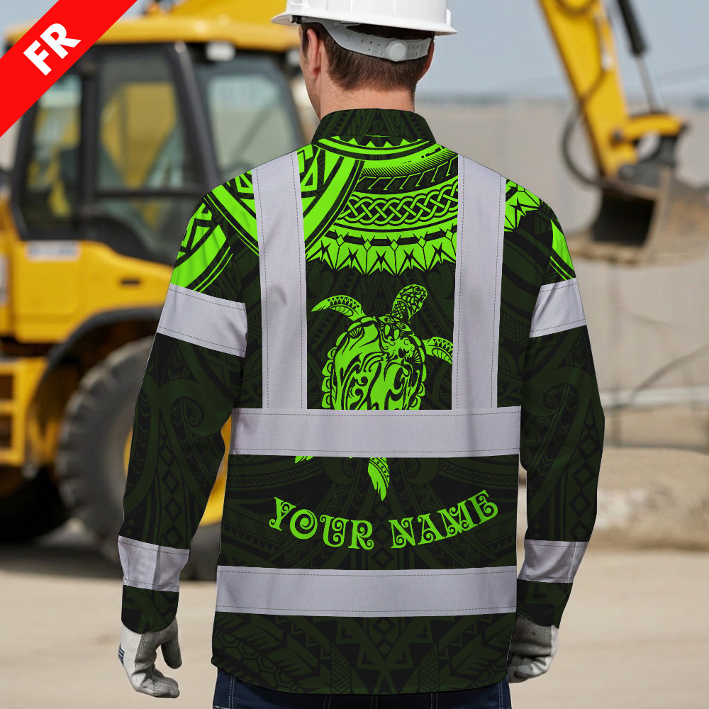 Hi Vis FR Button Long Sleeves Reflective Tapes Hawaiian Green Turtle Flower Hi-Vis Work Shirt