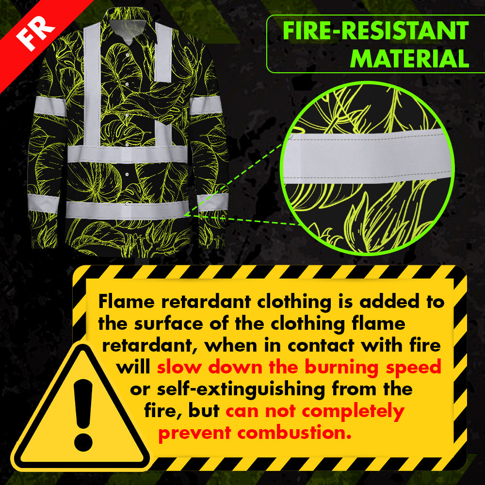 Hi Vis FR Button Long Sleeves Reflective Tapes Lime Neon Flowers Hi-Vis Work Shirt