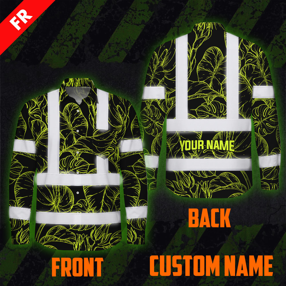 Hi Vis FR Button Long Sleeves Reflective Tapes Lime Neon Flowers Hi-Vis Work Shirt