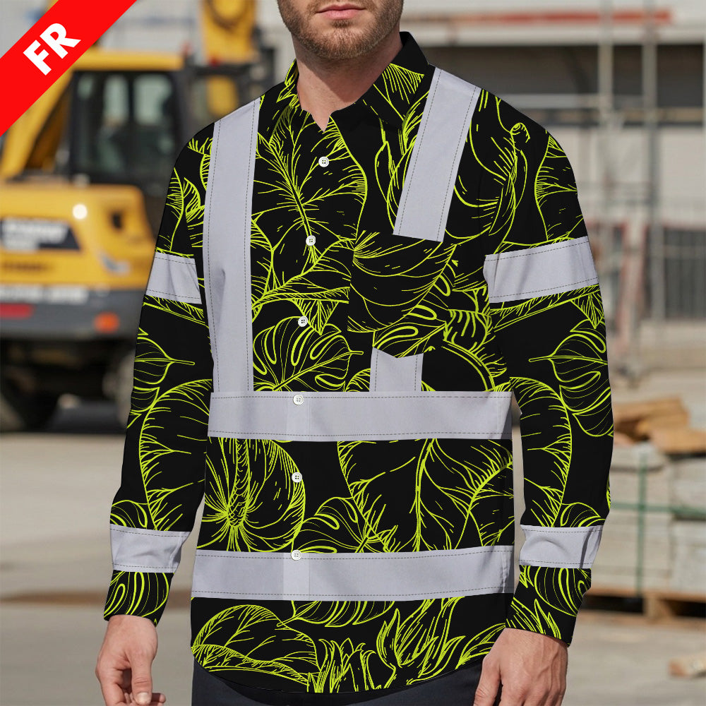 Hi Vis FR Button Long Sleeves Reflective Tapes Lime Neon Flowers Hi-Vis Work Shirt