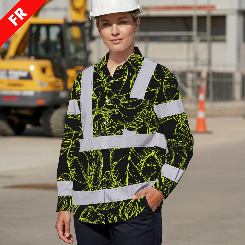 Hi Vis FR Button Long Sleeves Reflective Tapes Lime Neon Flowers Hi-Vis Work Shirt