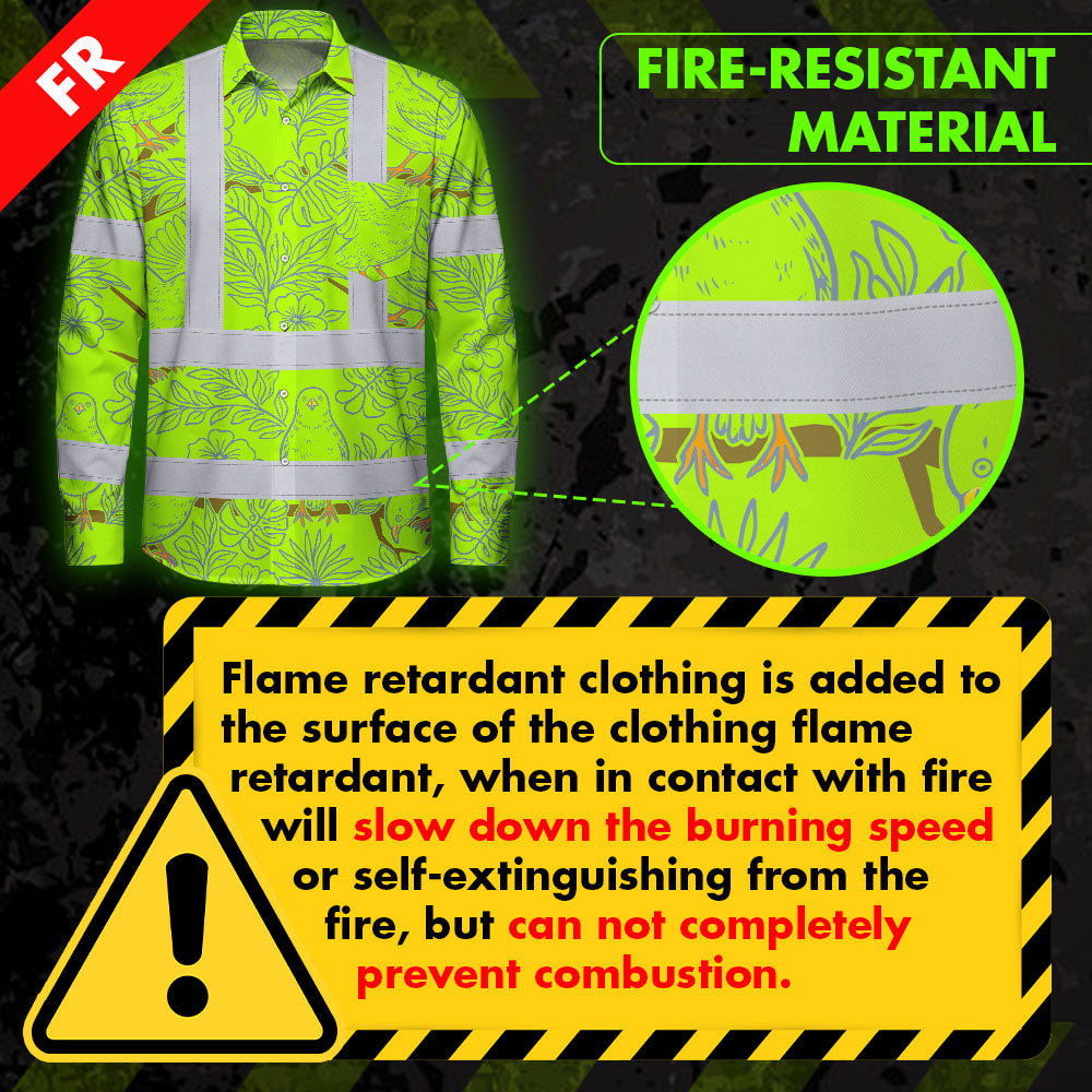 Hi Vis FR Button Long Sleeves Reflective Tapes Lime Neon White 2 Flowers Hi-Vis Work Shirt