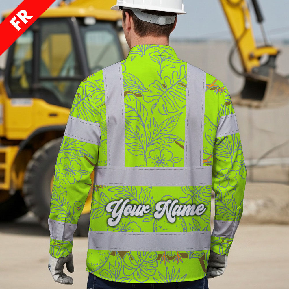 Hi Vis FR Button Long Sleeves Reflective Tapes Lime Neon White 2 Flowers Hi-Vis Work Shirt