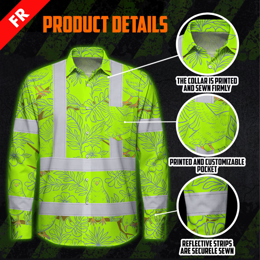 Hi Vis FR Button Long Sleeves Reflective Tapes Lime Neon White 2 Flowers Hi-Vis Work Shirt