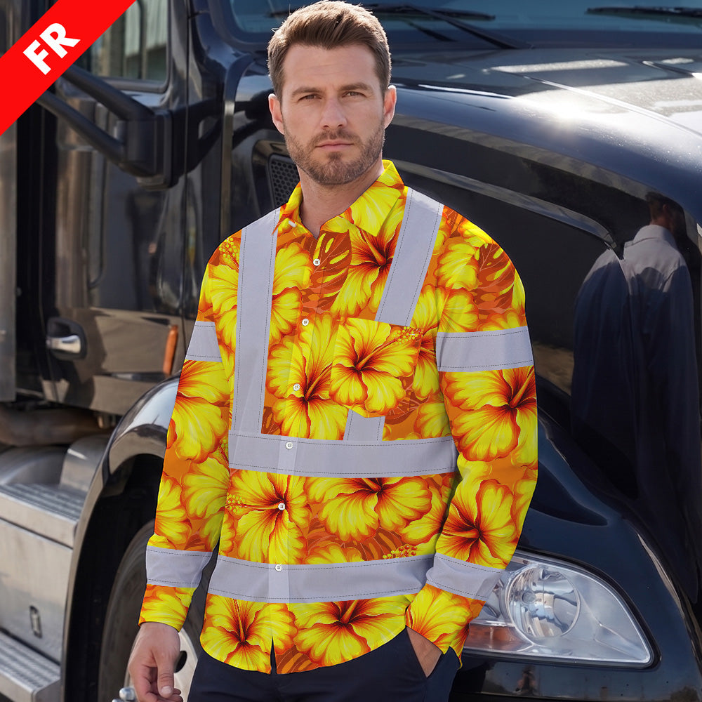 Hi Vis FR Button Long Sleeves Reflective Tapes Orange Neon And Yellow Flowers Hi-Vis Work Shirt
