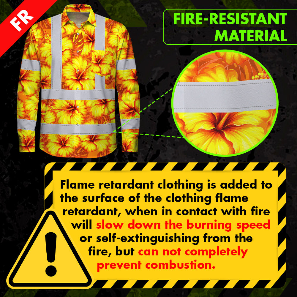 Hi Vis FR Button Long Sleeves Reflective Tapes Orange Neon And Yellow Flowers Hi-Vis Work Shirt