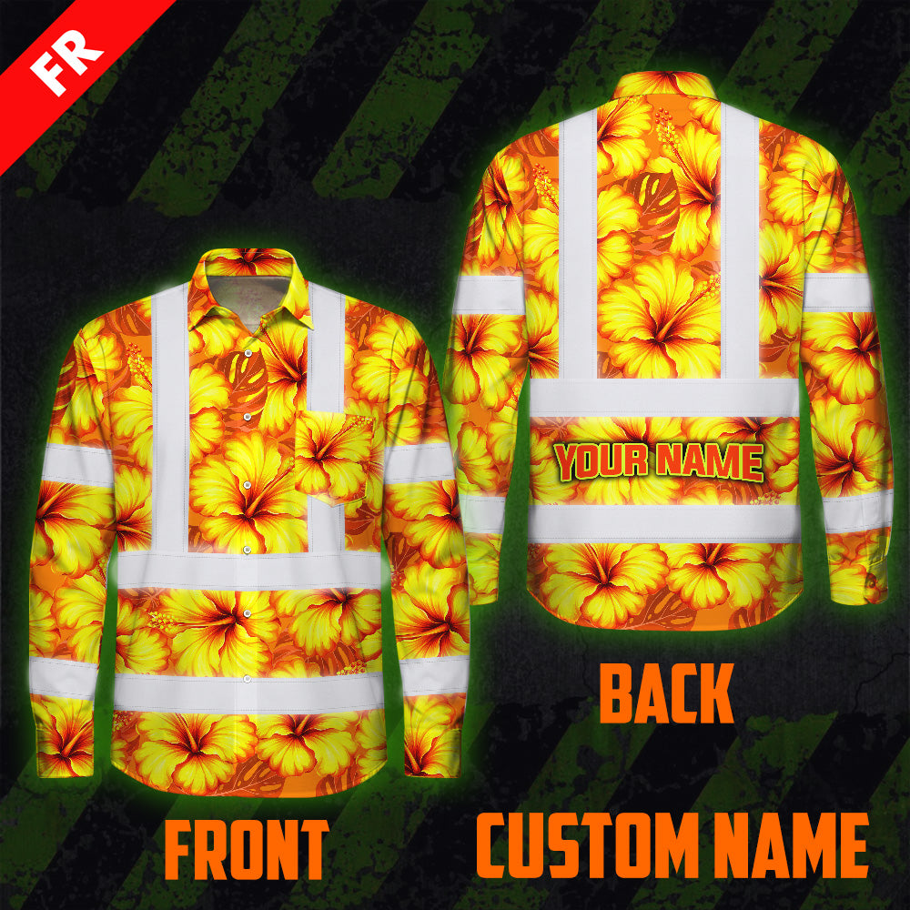 Hi Vis FR Button Long Sleeves Reflective Tapes Orange Neon And Yellow Flowers Hi-Vis Work Shirt