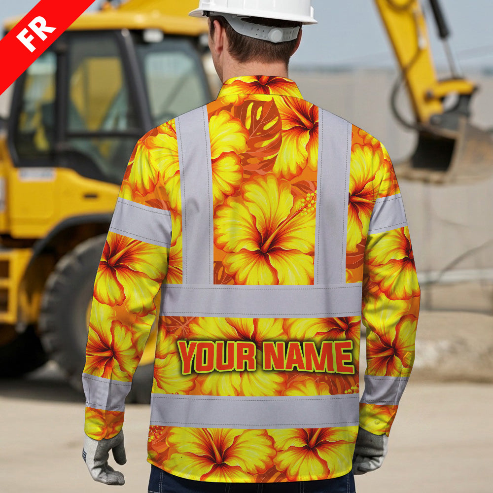 Hi Vis FR Button Long Sleeves Reflective Tapes Orange Neon And Yellow Flowers Hi-Vis Work Shirt