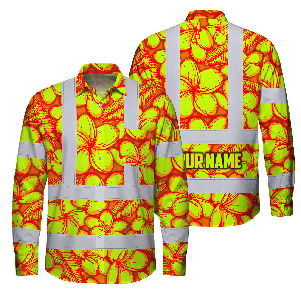 Hi Vis FR Button Long Sleeves Reflective Tapes Orange Neon Lime Plumeria Hi-Vis Work Shirt
