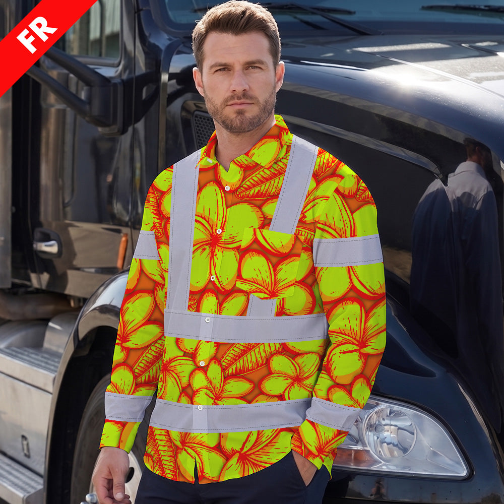Hi Vis FR Button Long Sleeves Reflective Tapes Orange Neon Lime Plumeria Hi-Vis Work Shirt