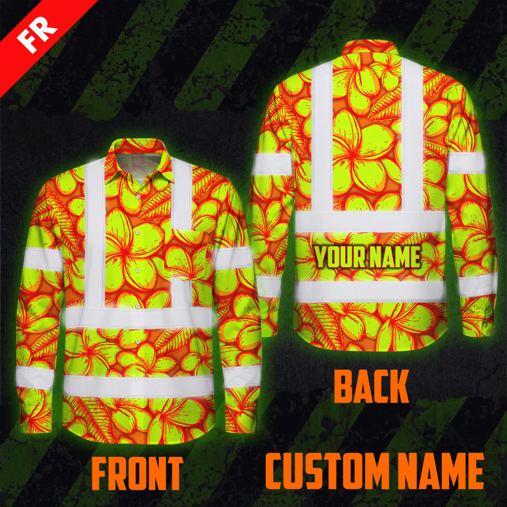 Hi Vis FR Button Long Sleeves Reflective Tapes Orange Neon Lime Plumeria Hi-Vis Work Shirt