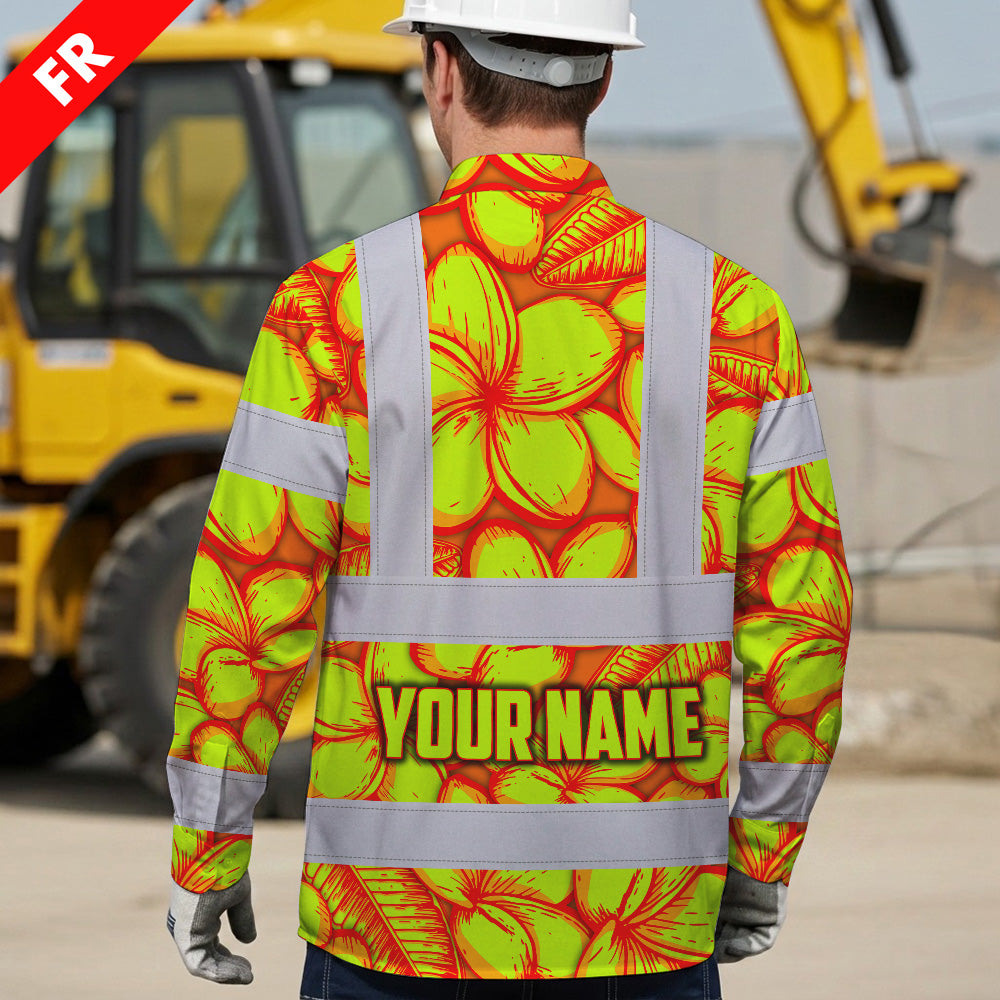 Hi Vis FR Button Long Sleeves Reflective Tapes Orange Neon Lime Plumeria Hi-Vis Work Shirt