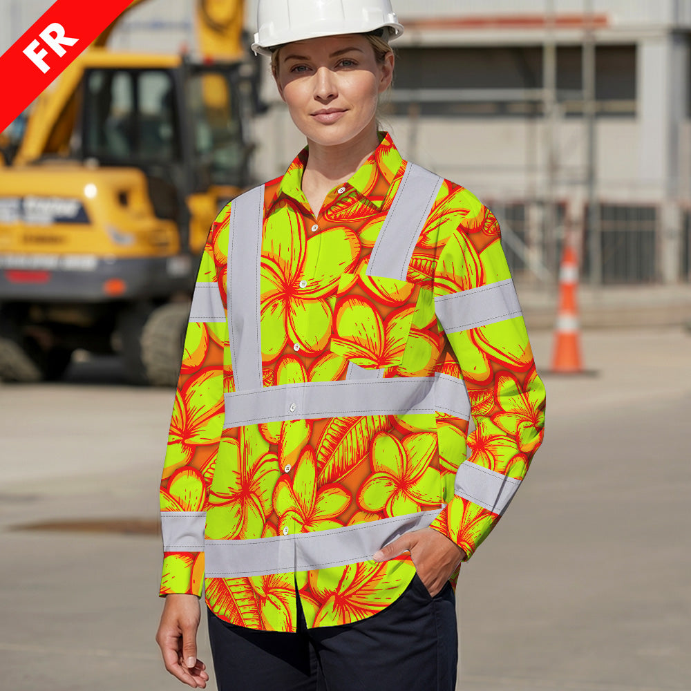Hi Vis FR Button Long Sleeves Reflective Tapes Orange Neon Lime Plumeria Hi-Vis Work Shirt