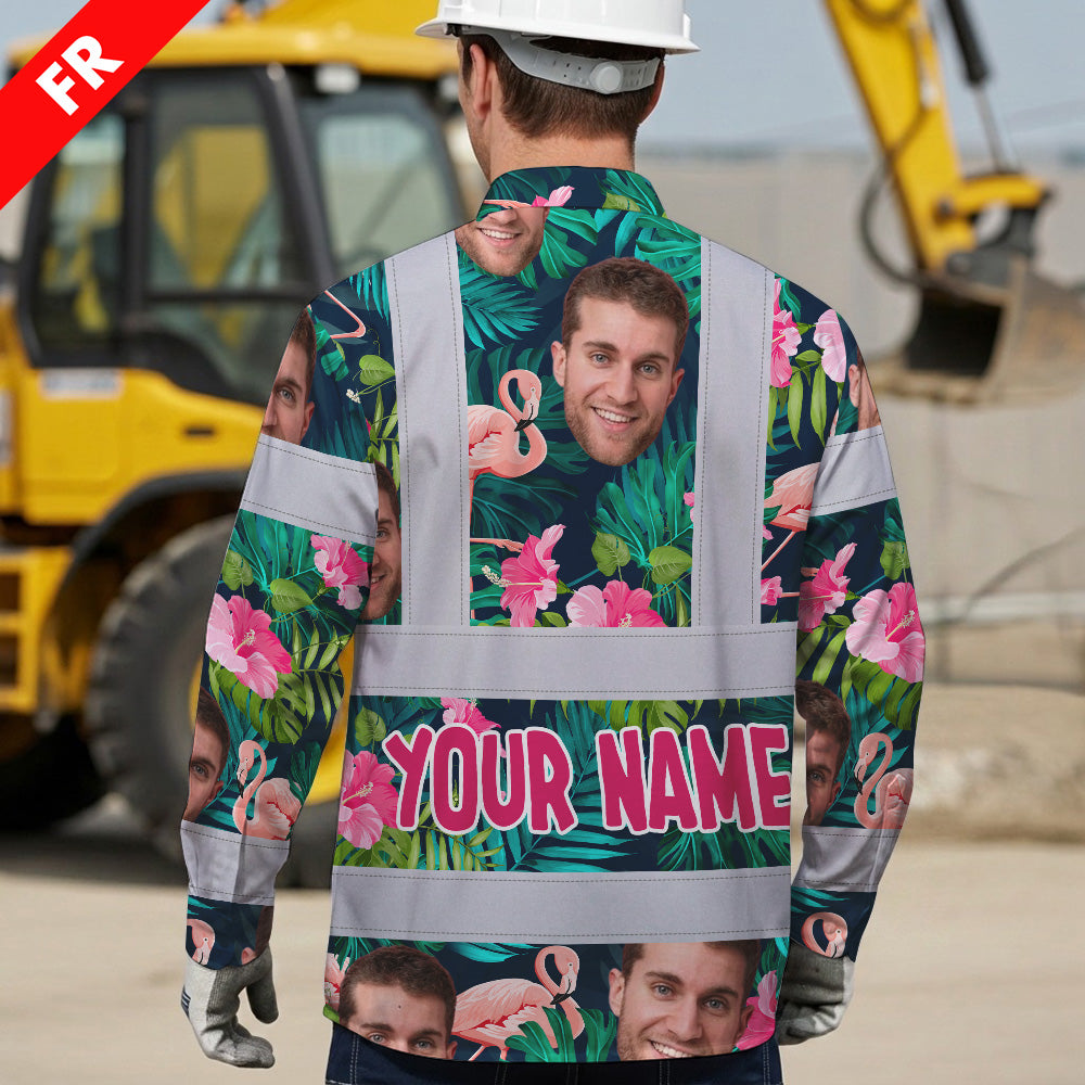 Hi Vis FR Button Long Sleeves Reflective Tapes Pink And Green 2 Hi-Vis Work Shirt