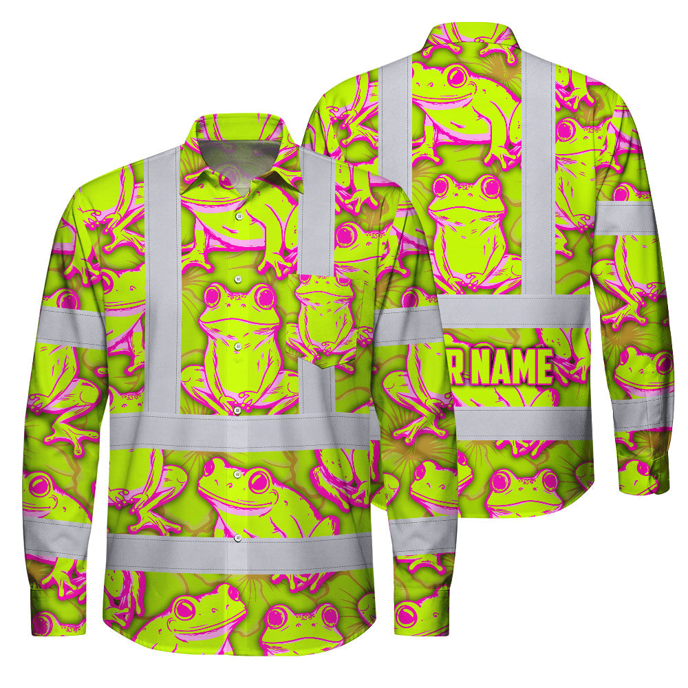 Hi Vis FR Button Long Sleeves Reflective Tapes Pink And Lime Neon Frog Hi-Vis Work Shirt