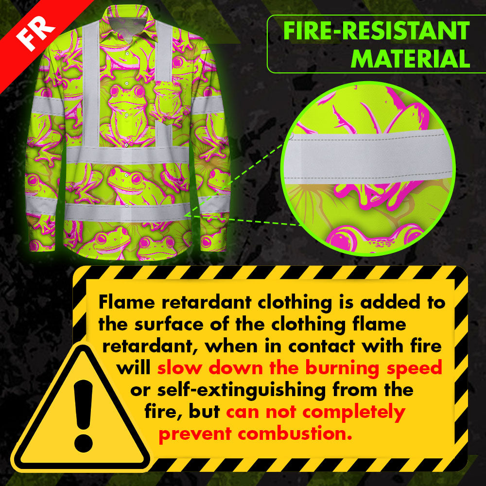 Hi Vis FR Button Long Sleeves Reflective Tapes Pink And Lime Neon Frog Hi-Vis Work Shirt