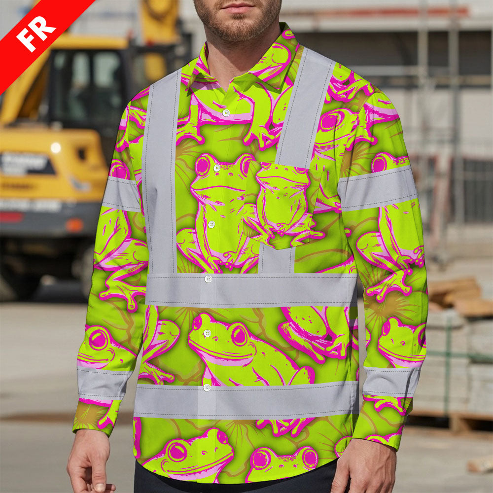 Hi Vis FR Button Long Sleeves Reflective Tapes Pink And Lime Neon Frog Hi-Vis Work Shirt