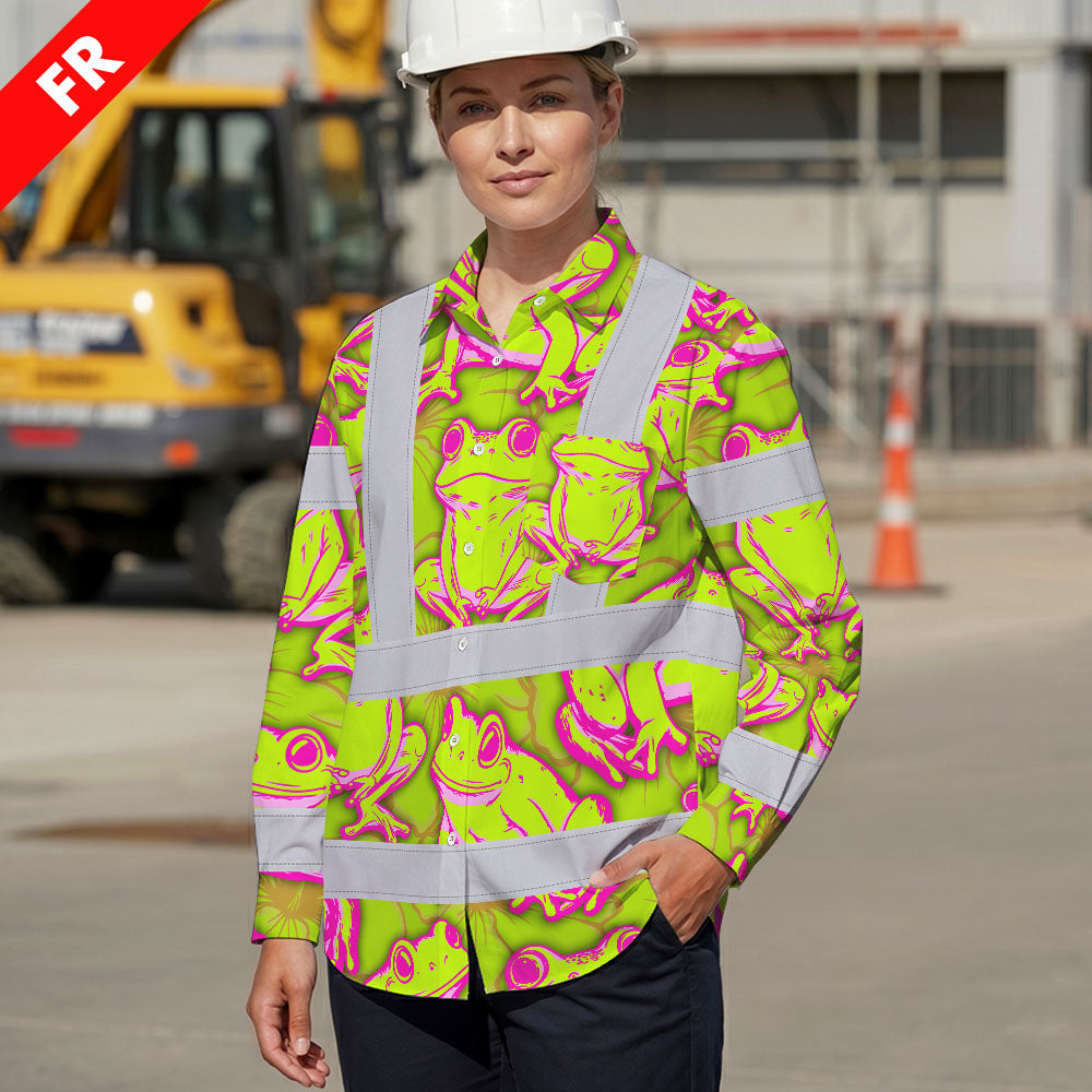 Hi Vis FR Button Long Sleeves Reflective Tapes Pink And Lime Neon Frog Hi-Vis Work Shirt