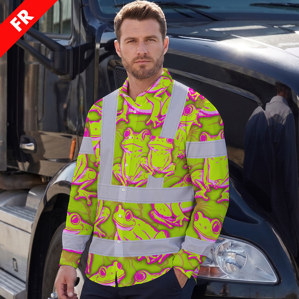 Hi Vis FR Button Long Sleeves Reflective Tapes Pink And Lime Neon Frog Hi-Vis Work Shirt