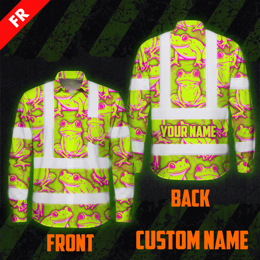 Hi Vis FR Button Long Sleeves Reflective Tapes Pink And Lime Neon Frog Hi-Vis Work Shirt