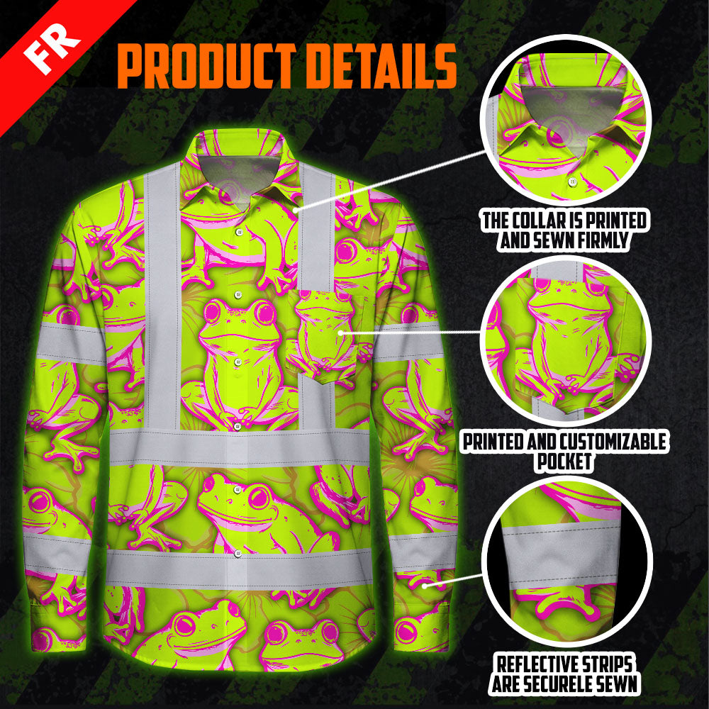 Hi Vis FR Button Long Sleeves Reflective Tapes Pink And Lime Neon Frog Hi-Vis Work Shirt
