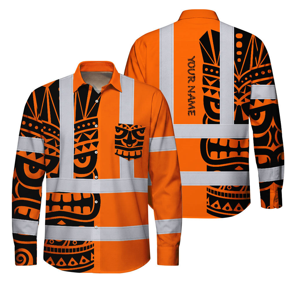 Hi Vis FR Button Long Sleeves Reflective Tapes TiKi Hawaiian Orange Neon Hi-Vis Work Shirt