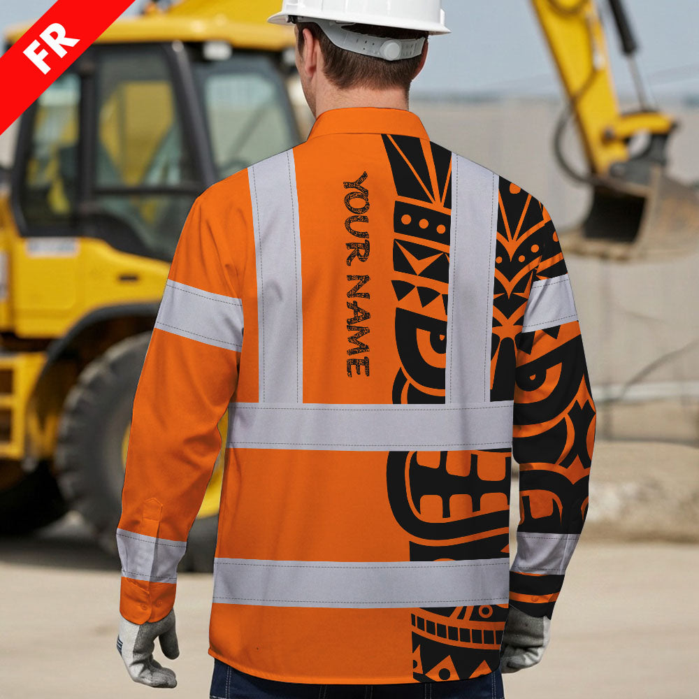 Hi Vis FR Button Long Sleeves Reflective Tapes TiKi Hawaiian Orange Neon Hi-Vis Work Shirt