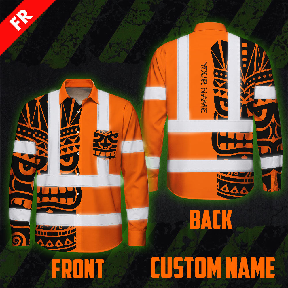 Hi Vis FR Button Long Sleeves Reflective Tapes TiKi Hawaiian Orange Neon Hi-Vis Work Shirt