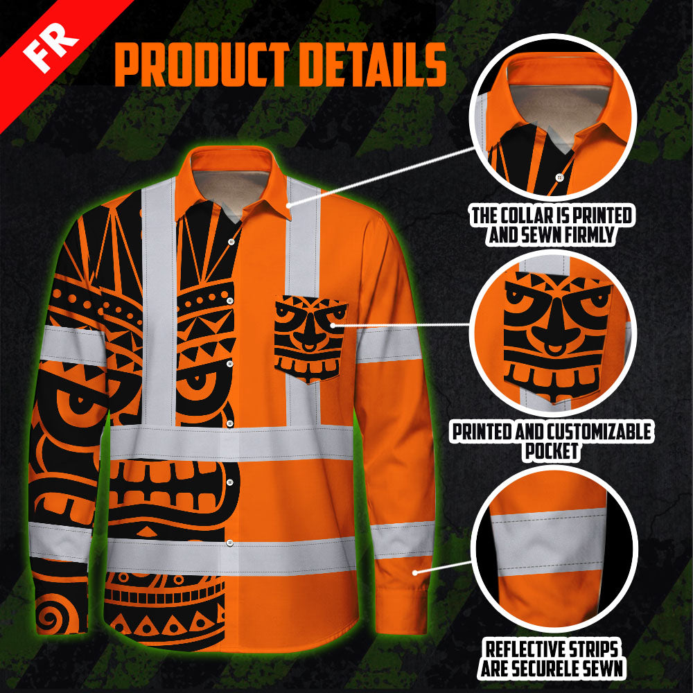 Hi Vis FR Button Long Sleeves Reflective Tapes TiKi Hawaiian Orange Neon Hi-Vis Work Shirt