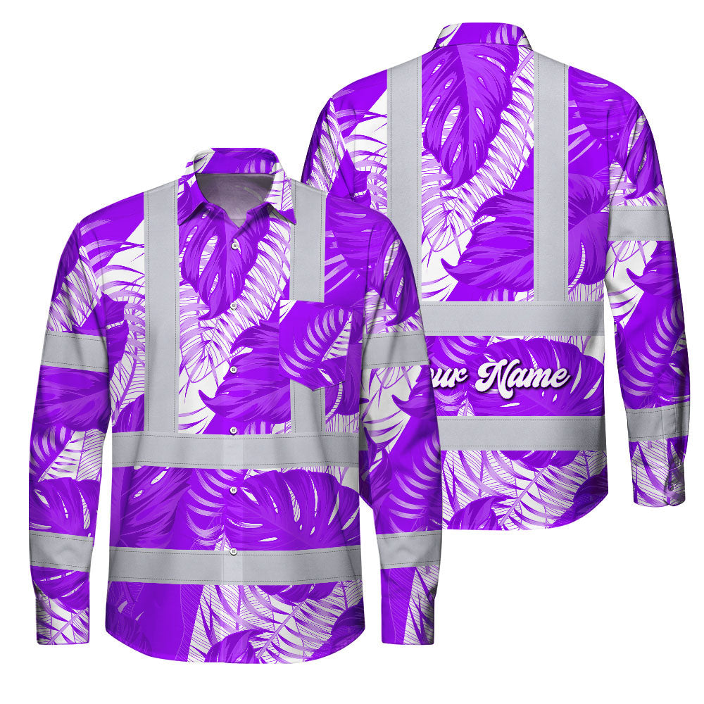 Hi Vis FR Button Long Sleeves Reflective Tapes Violet Neon Flowers Hi-Vis Work Shirt