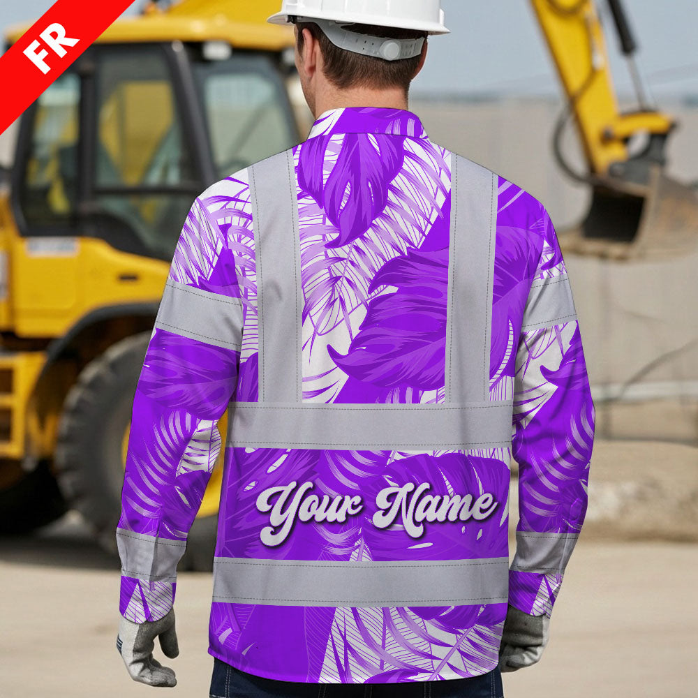 Hi Vis FR Button Long Sleeves Reflective Tapes Violet Neon Flowers Hi-Vis Work Shirt