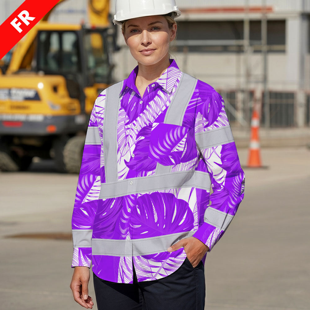 Hi Vis FR Button Long Sleeves Reflective Tapes Violet Neon Flowers Hi-Vis Work Shirt