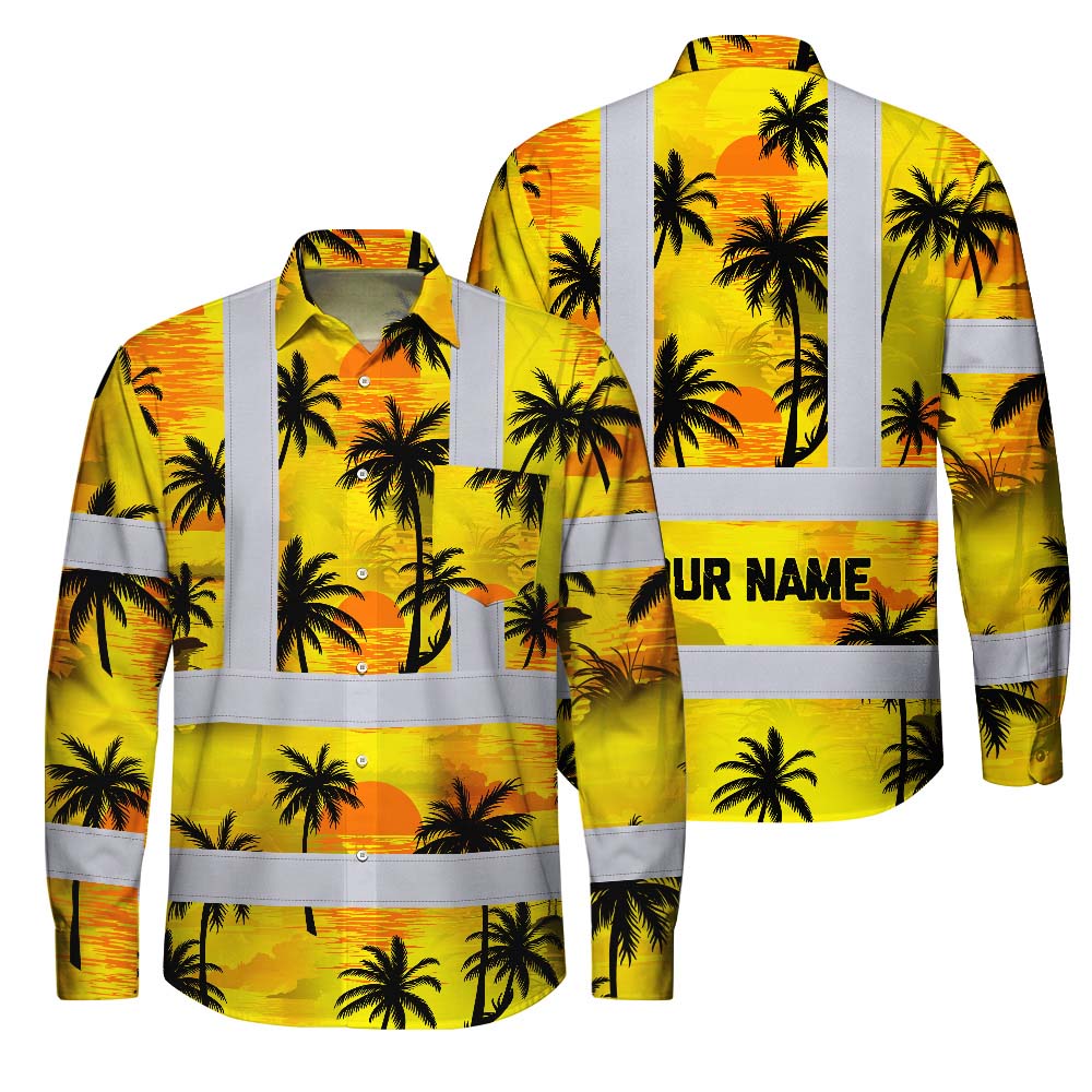 Hi Vis FR Button Long Sleeves Reflective Tapes Yellow Neon Flowers Hi-Vis Work Shirt