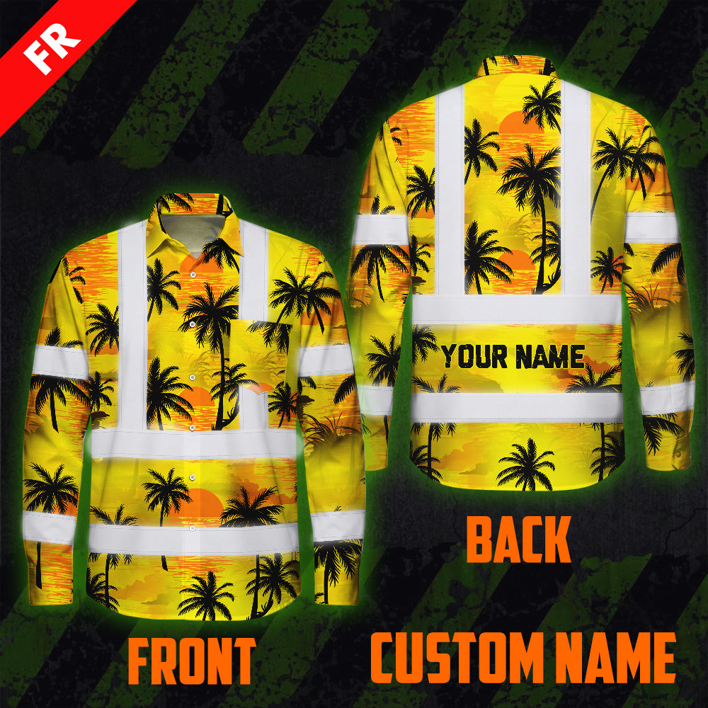 Hi Vis FR Button Long Sleeves Reflective Tapes Yellow Neon Flowers Hi-Vis Work Shirt