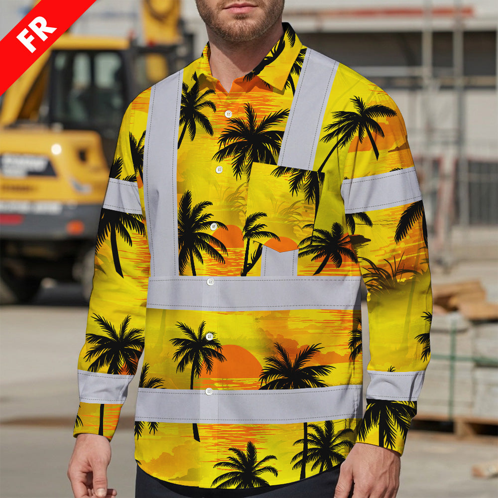 Hi Vis FR Button Long Sleeves Reflective Tapes Yellow Neon Flowers Hi-Vis Work Shirt