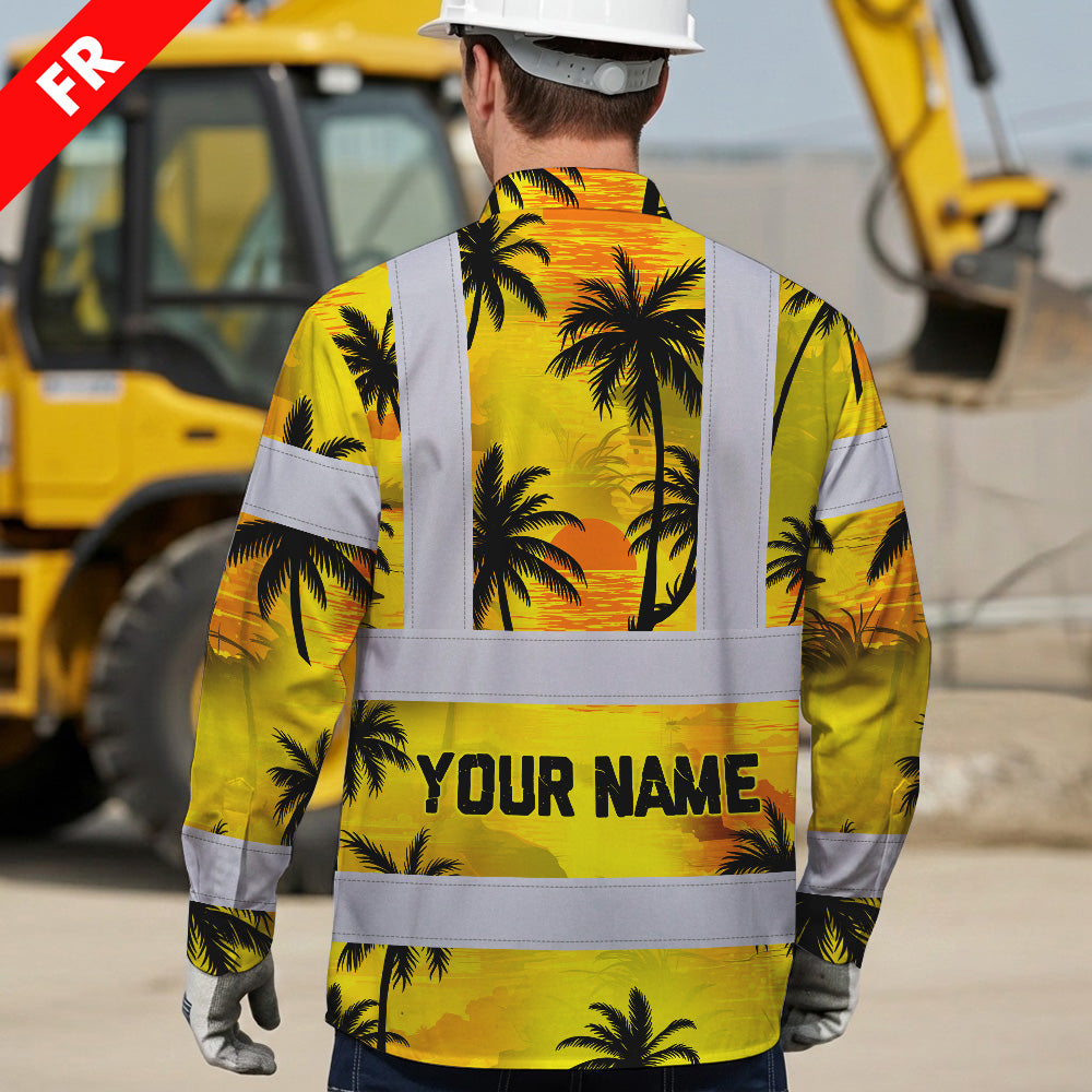 Hi Vis FR Button Long Sleeves Reflective Tapes Yellow Neon Flowers Hi-Vis Work Shirt