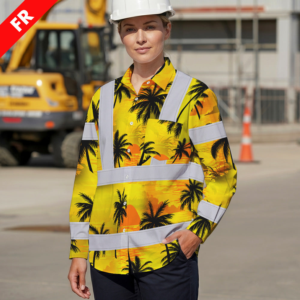 Hi Vis FR Button Long Sleeves Reflective Tapes Yellow Neon Flowers Hi-Vis Work Shirt