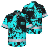 Hi Vis Hawaiian American Flag Shirt, Blue Neon Custom Name Reflective Short Sleeve Button-up Safety Shirt for Workers