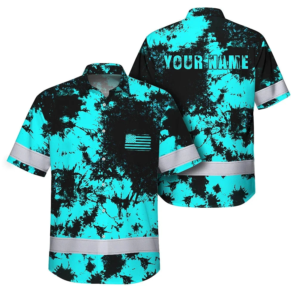 Hi Vis Hawaiian American Flag Shirt, Blue Neon Custom Name Reflective Short Sleeve Button-up Safety Shirt for Workers