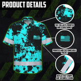 Hi Vis Hawaiian American Flag Shirt, Blue Neon Custom Name Reflective Short Sleeve Button-up Safety Shirt for Workers