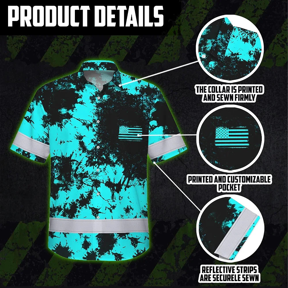 Hi Vis Hawaiian American Flag Shirt, Blue Neon Custom Name Reflective Short Sleeve Button-up Safety Shirt for Workers