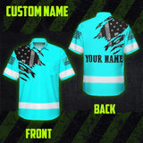 Hi Vis Hawaiian American Flag Shirt, Blue Neon Custom Name Reflective Short Sleeve Button-up Safety Shirt for Workers