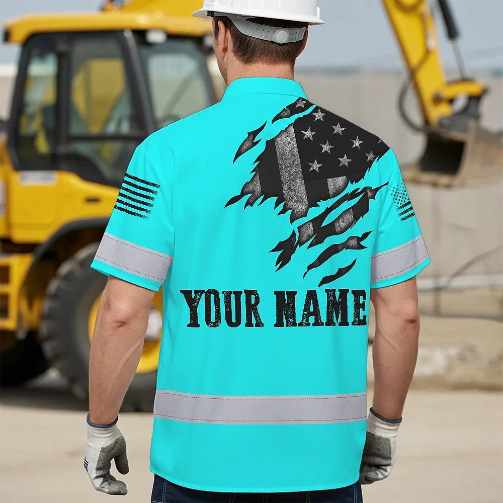 Hi Vis Hawaiian American Flag Shirt, Blue Neon Custom Name Reflective Short Sleeve Button-up Safety Shirt for Workers