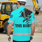 Hi Vis Hawaiian American Flag Shirt, Blue Neon Custom Name Reflective Short Sleeve Button-up Safety Shirt for Workers