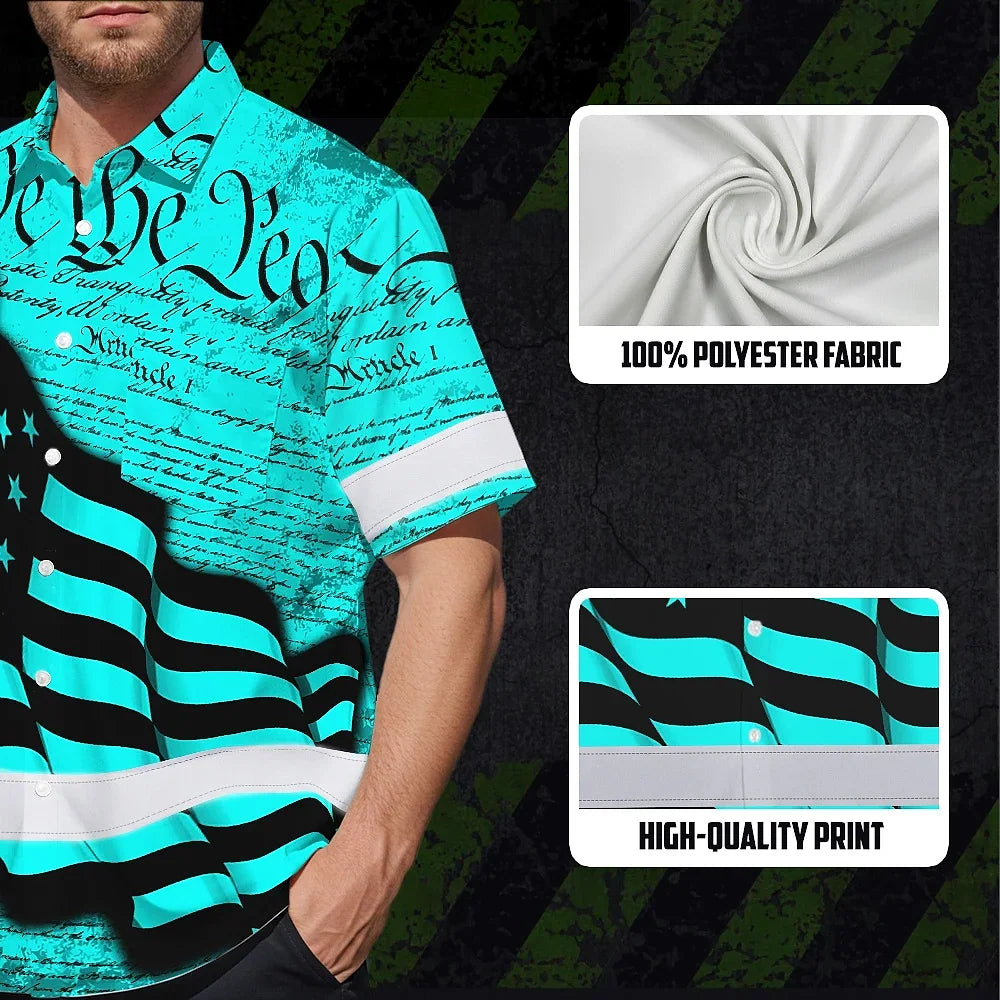 Hi Vis Hawaiian American Flag Shirt, Blue Neon Custom Name Reflective Short Sleeve Button-up Safety Shirt for Workers